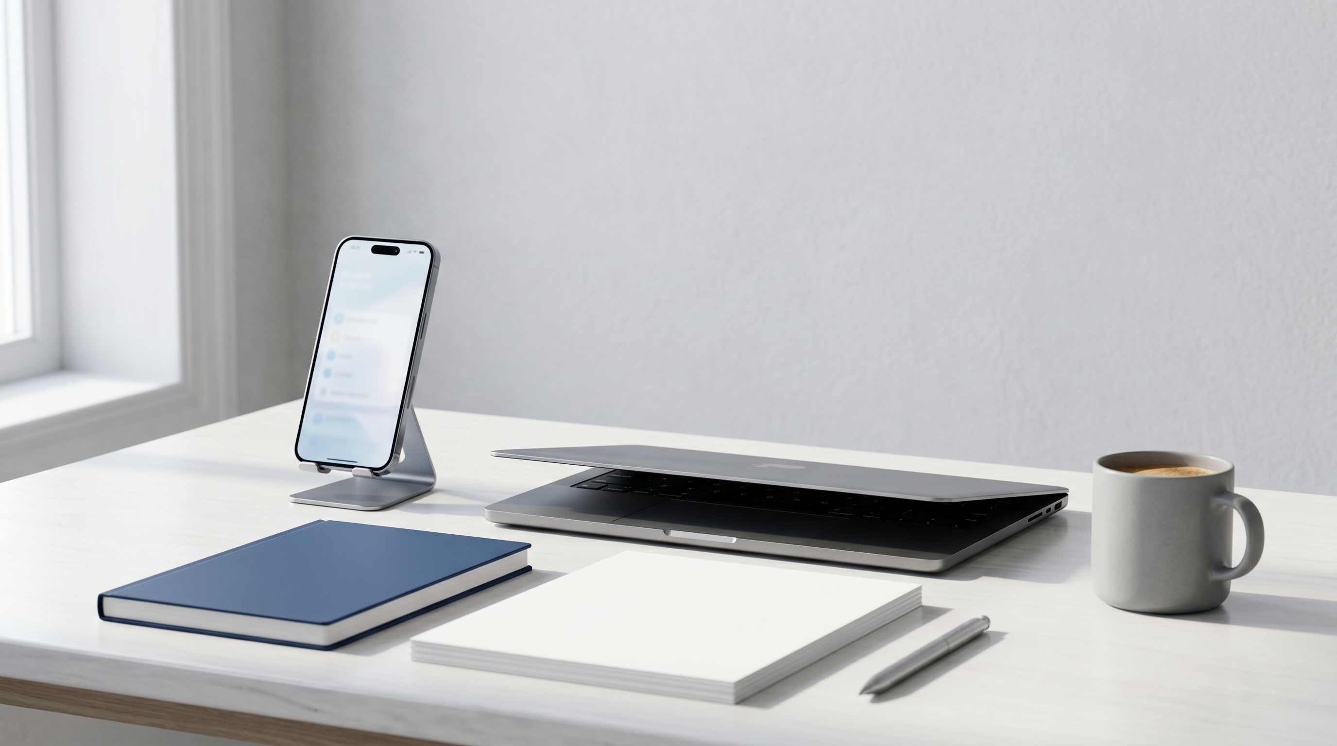 Mesa de estudio con portátil, móvil, libreta y café